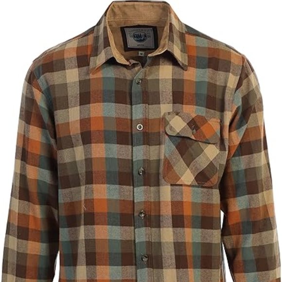Men's 100% Cotton Brushed Flannel Plaid Checkered Shirt with Corduroy‎ Contrast - Picture 1 of 6
